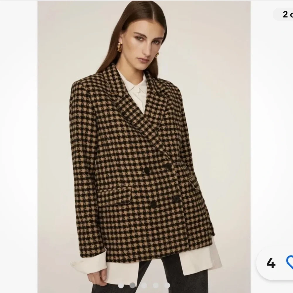 Blank NYC Book Club Houndstooth Double-Breasted Oversized Blazer Tan Black SZ S